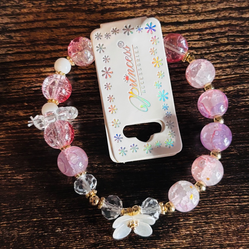 Princess Accessories Pink Purple Beaded Stretch Bracelet Flower Charm New